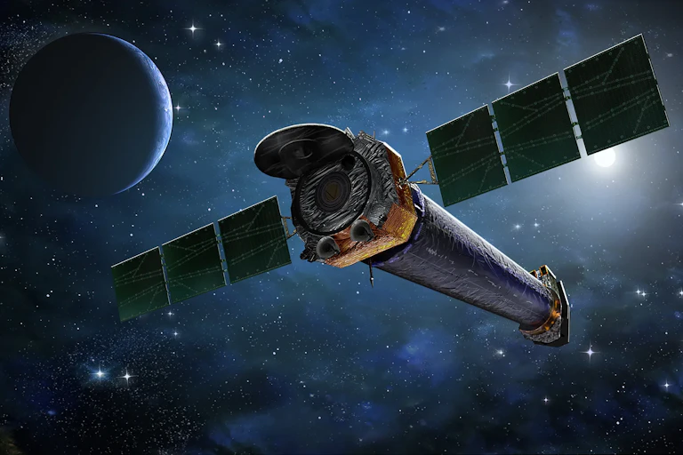 The Chandra observatory, which is cylindrical with two wings of three solar panels each coming off each side, with a planet in the background.