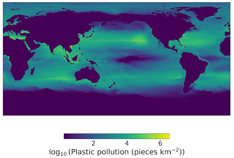 This map shows the distribution of plastic pollution across the ocean.