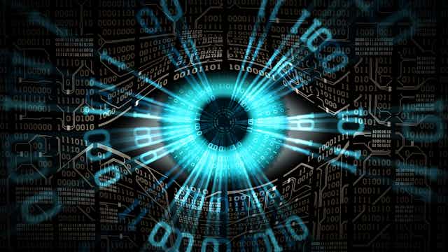a stylized eye peering through a wall of ones and zeros