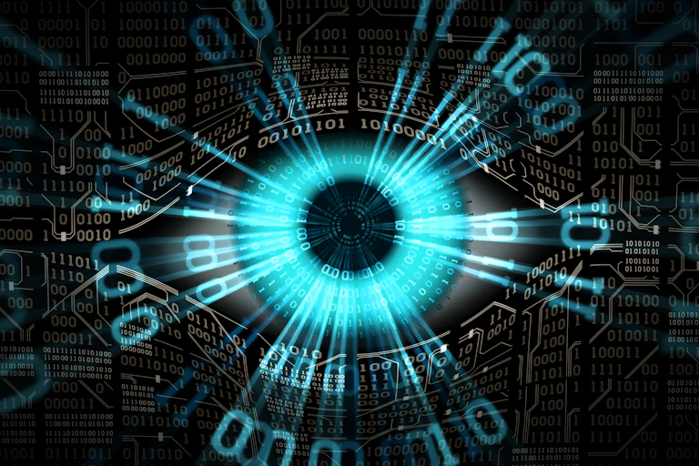 a stylized eye peering through a wall of ones and zeros