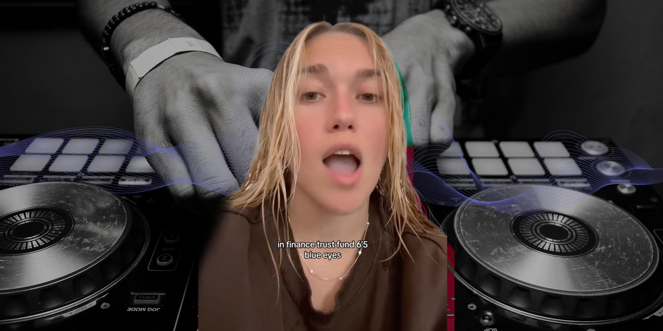Composite image of girl_on_couch from TikTok and a DJ deck in the background