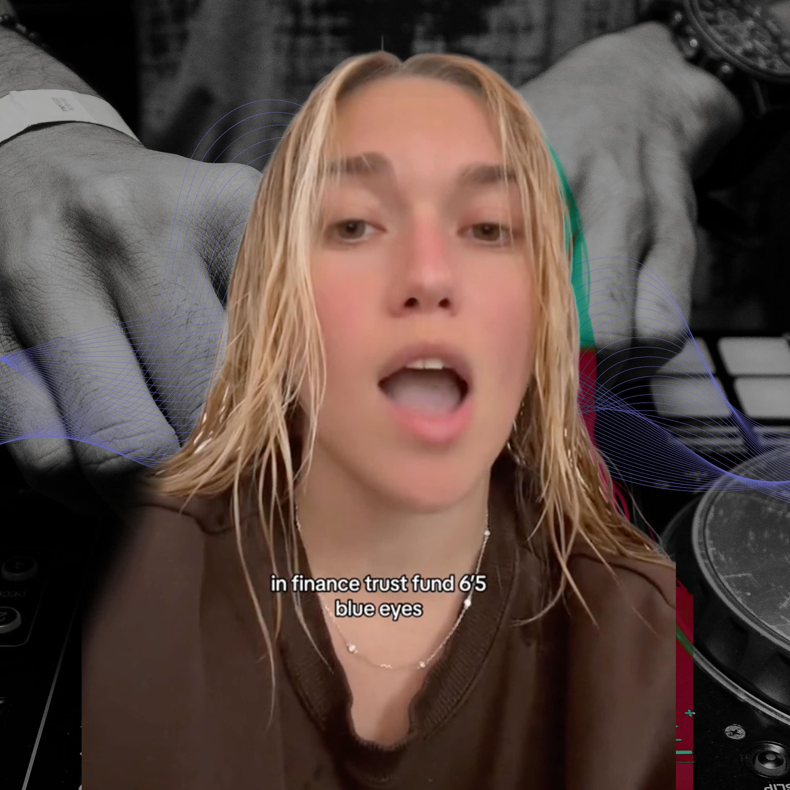 Composite image of girl_on_couch from TikTok and a DJ deck in the background