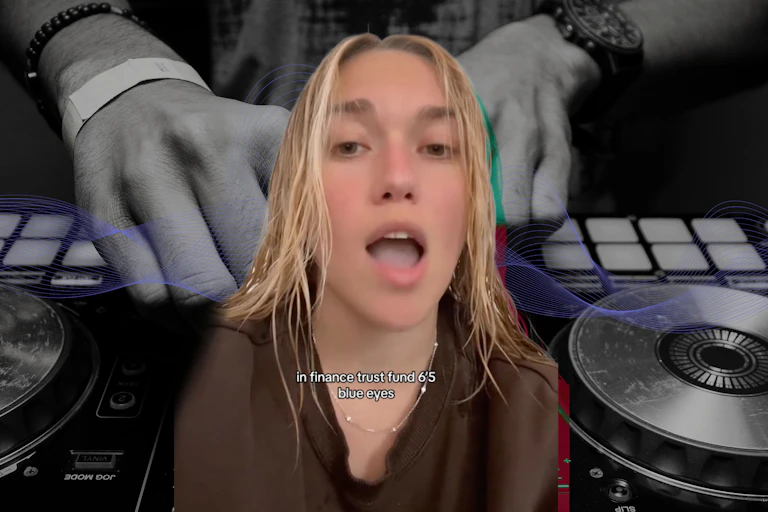 Composite image of girl_on_couch from TikTok and a DJ deck in the background