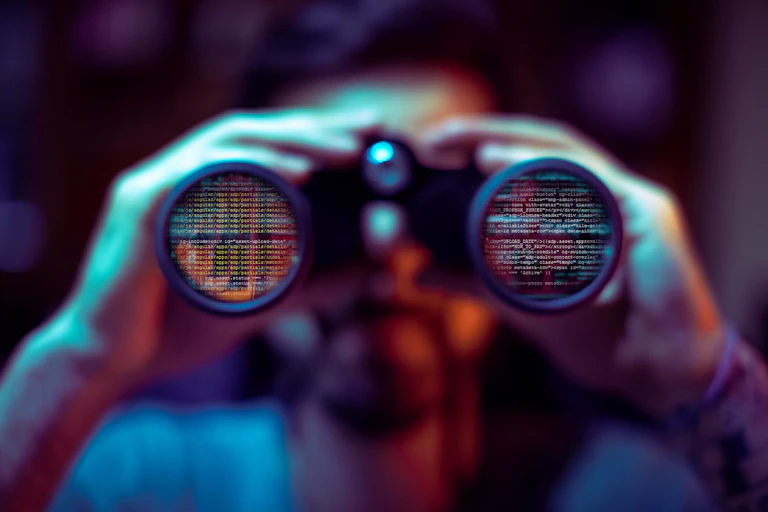 Man looking through binoculars at data