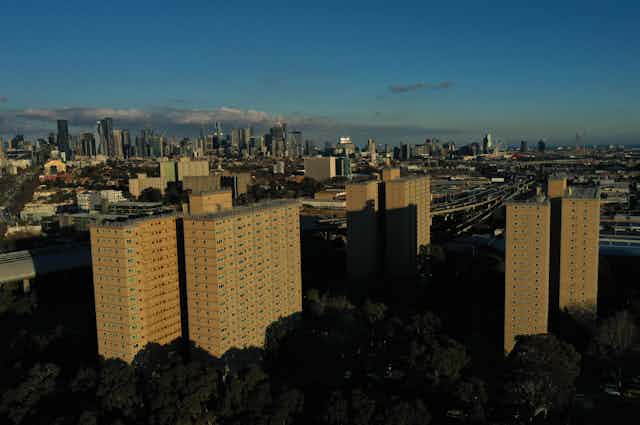 aerial view of public housing towers looking towards the Melbourne CBD