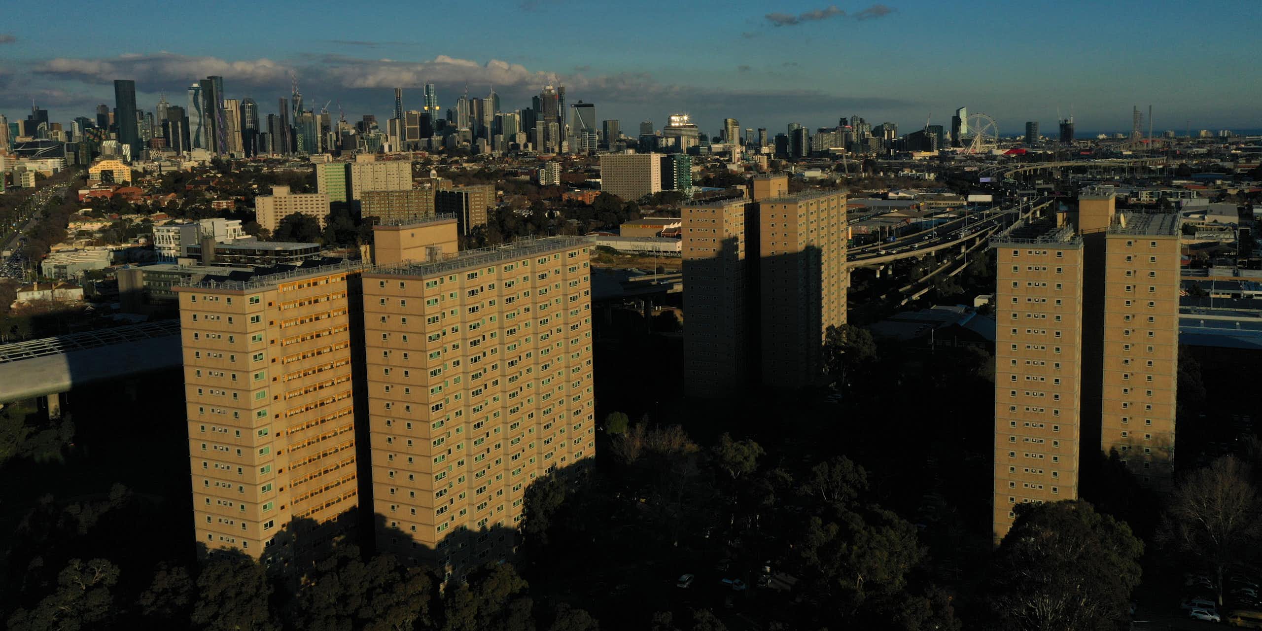 aerial view of public housing towers looking towards the Melbourne CBD
