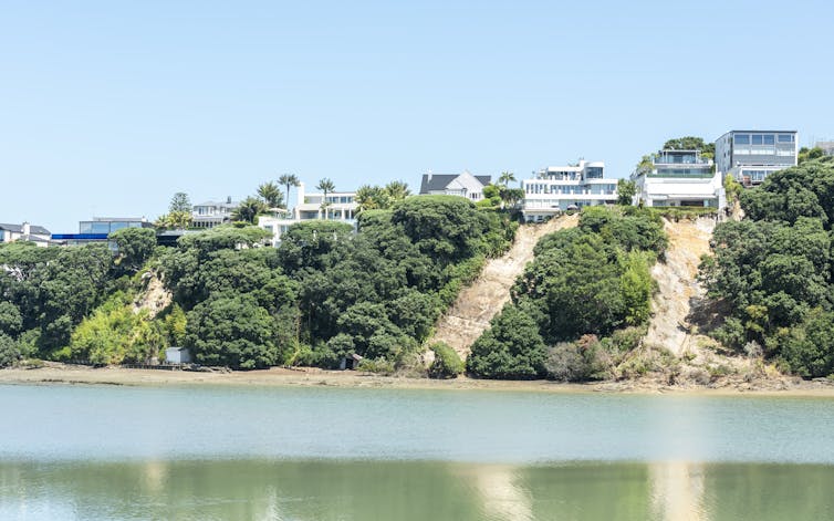 slips on Auckland cliff with houses at top