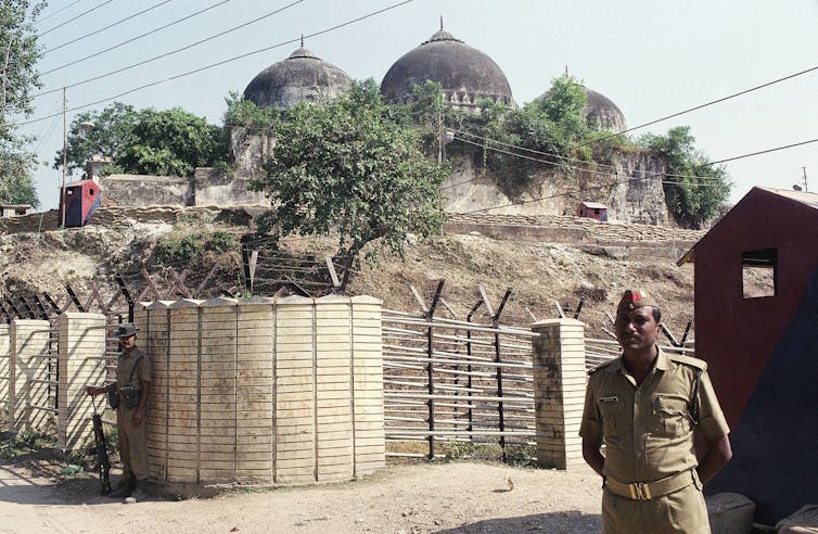 An old photo of the Babri Mosque before it was destroyed.