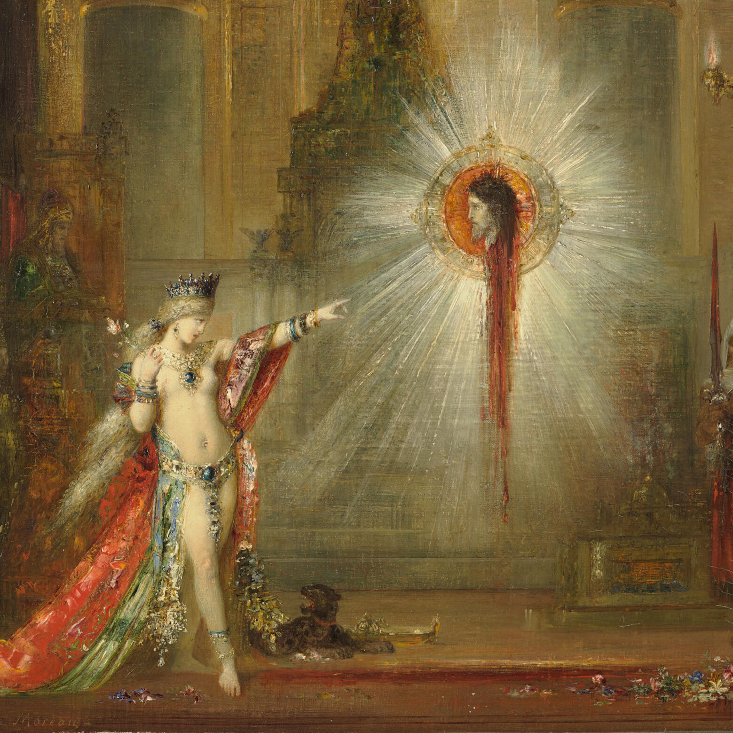 Oil painting. Salome dances in front of John The Baptist's head.