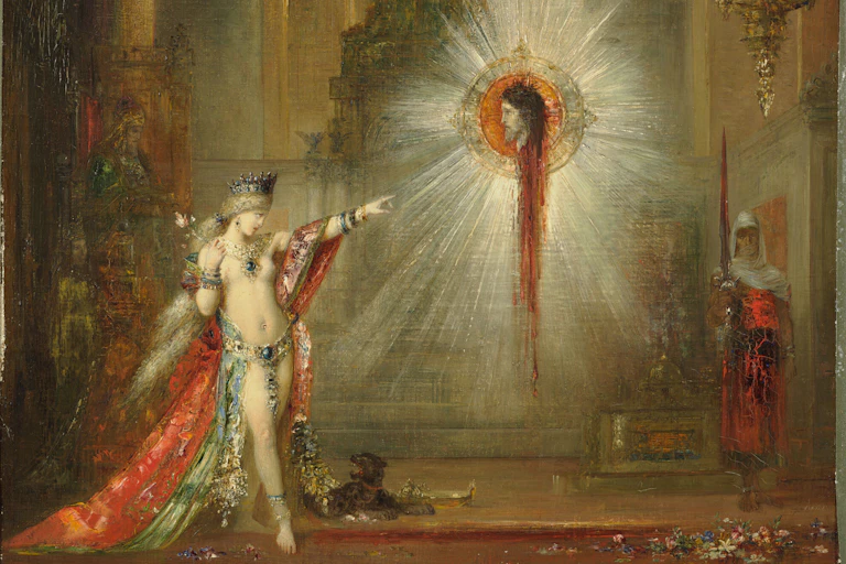 Oil painting. Salome dances in front of John The Baptist's head.
