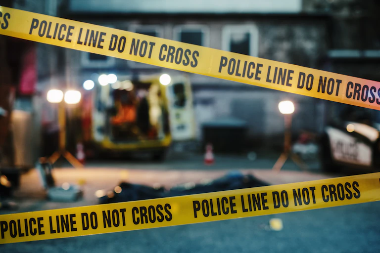 Yellow tape marked 'police line do not cross' in the foreground; blurred night-time scene in the background with ambulance, lights and body on the ground
