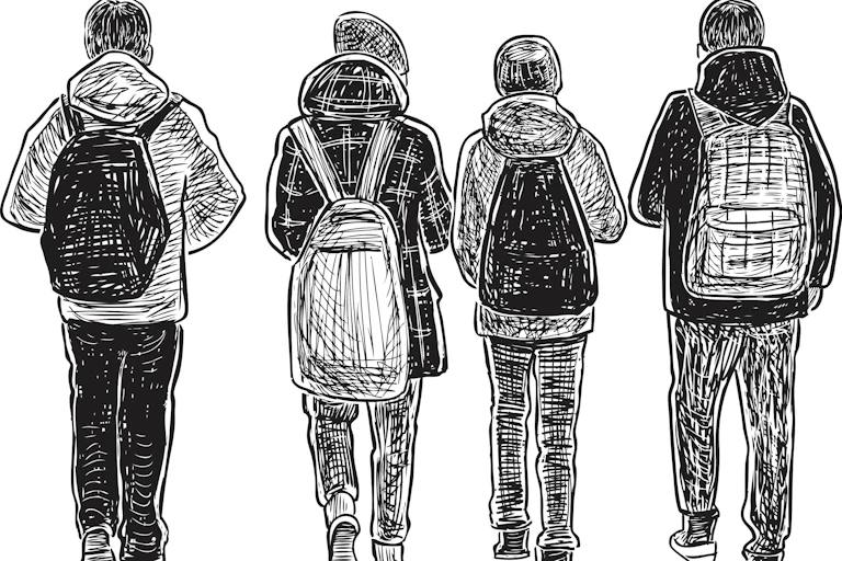 Illustration of boys walking away
