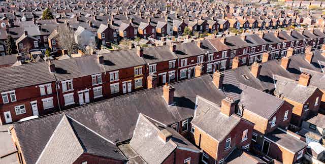 Aerial view of terraced houses somewhere in Britain