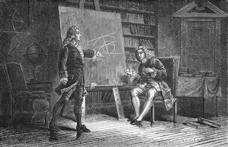 Two men wearing wigs and dressed in 18th-century garb puzzling over geometric problems on a drawing board.