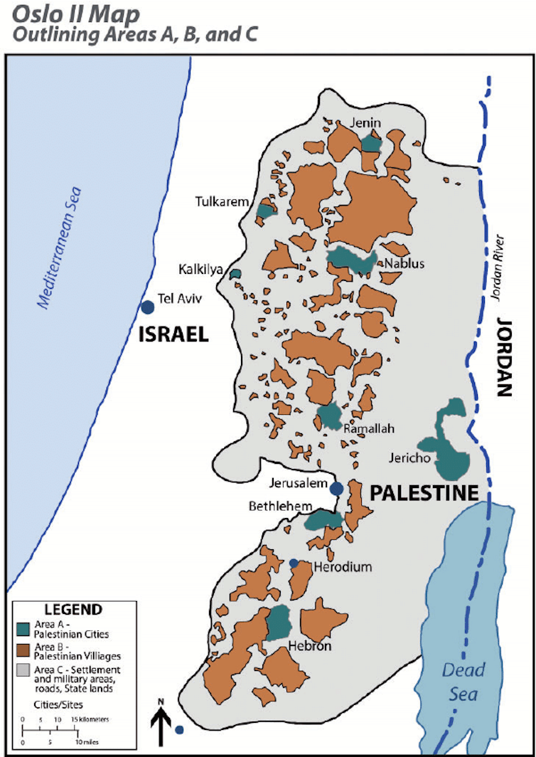 Map showing division of Palestinian territories under Oslo II Accord.