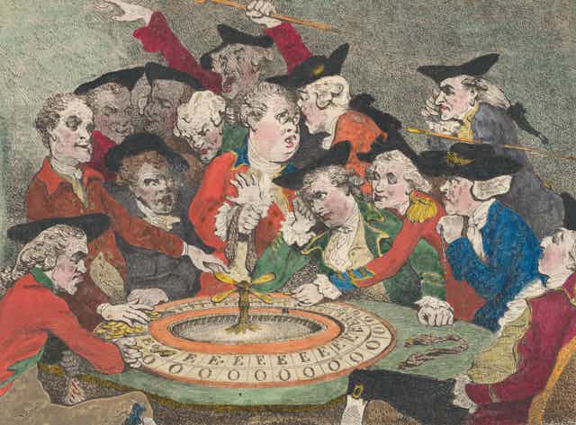 Colorful illustration of men wearing tricorn hats gathered around a spinning wheel.