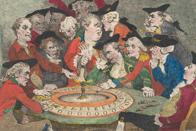 Colorful illustration of men wearing tricorn hats gathered around a spinning wheel.