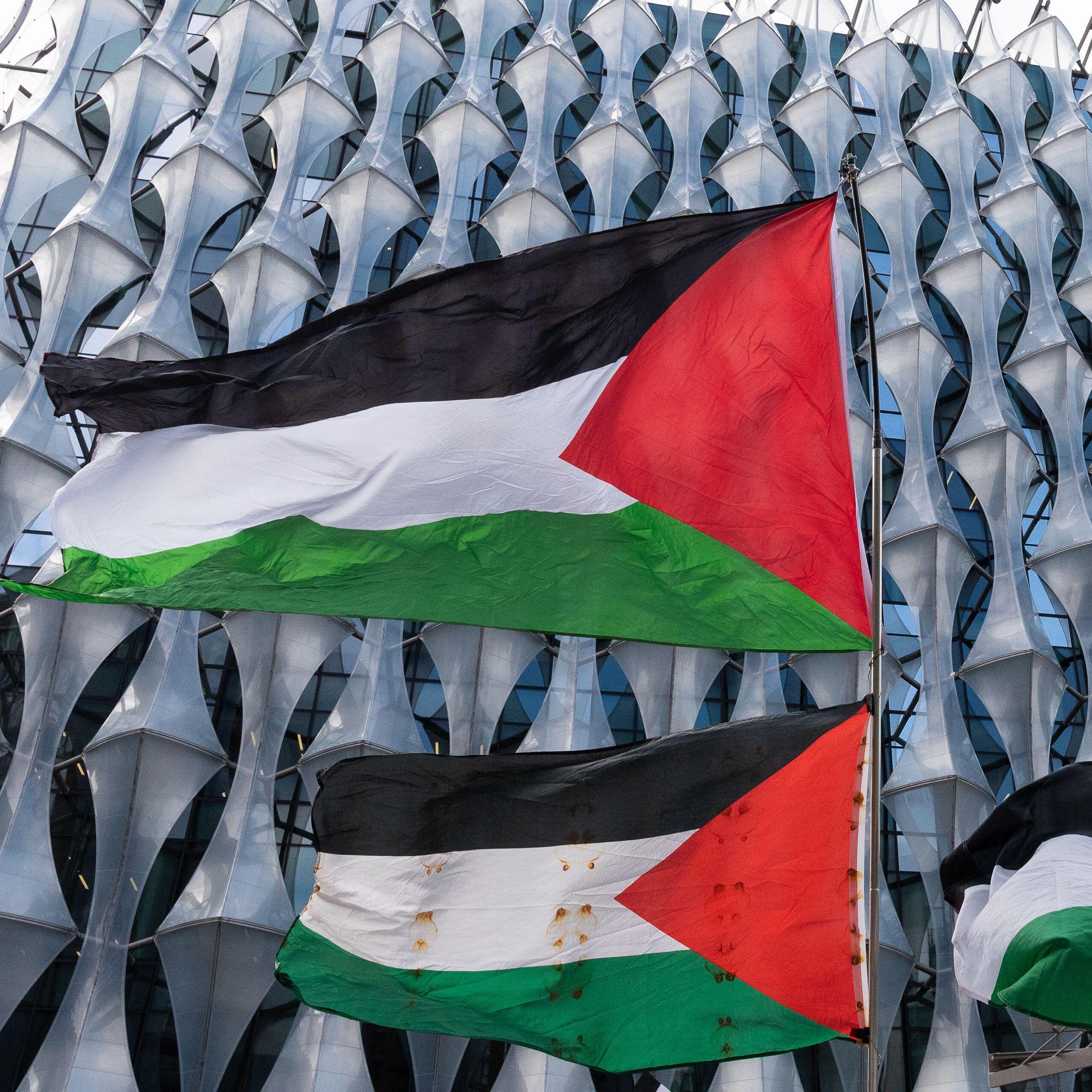 Palestinian flags outside the US embassy in London.