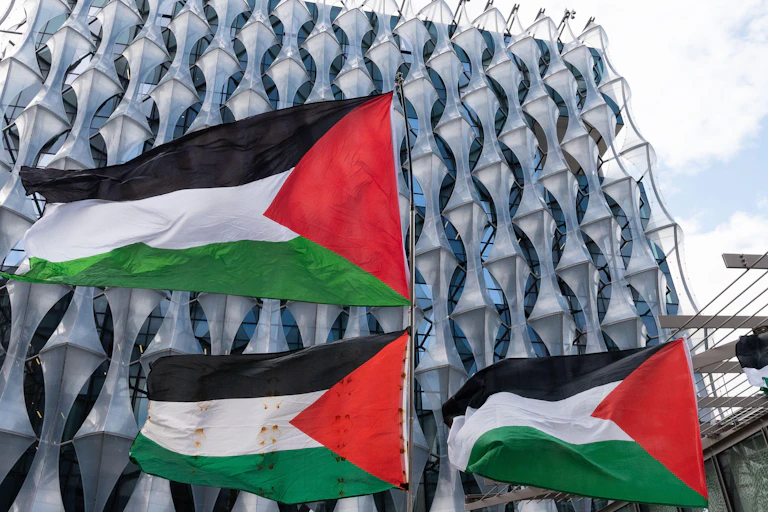 Palestinian flags outside the US embassy in London.