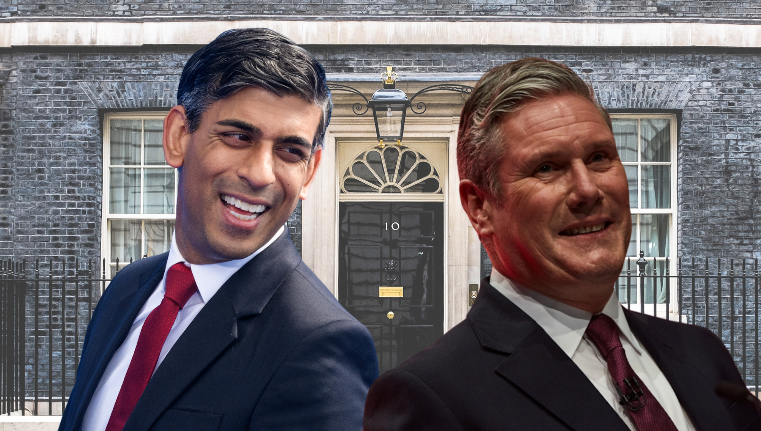 Collage of Rishi Sunak and Keir Starmer, both smiling, over a background of Number 10 Downing Street