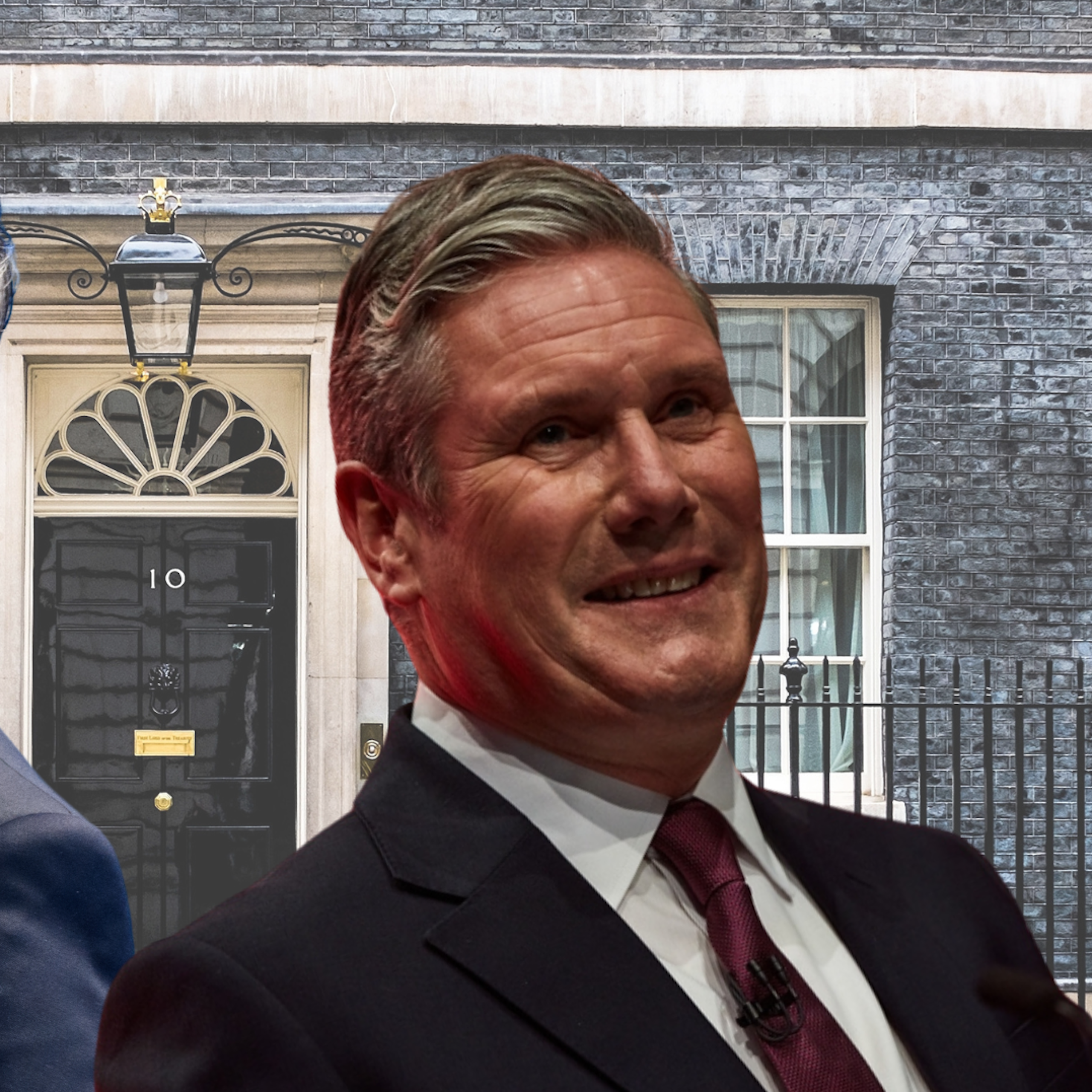 Collage of Rishi Sunak and Keir Starmer, both smiling, over a background of Number 10 Downing Street