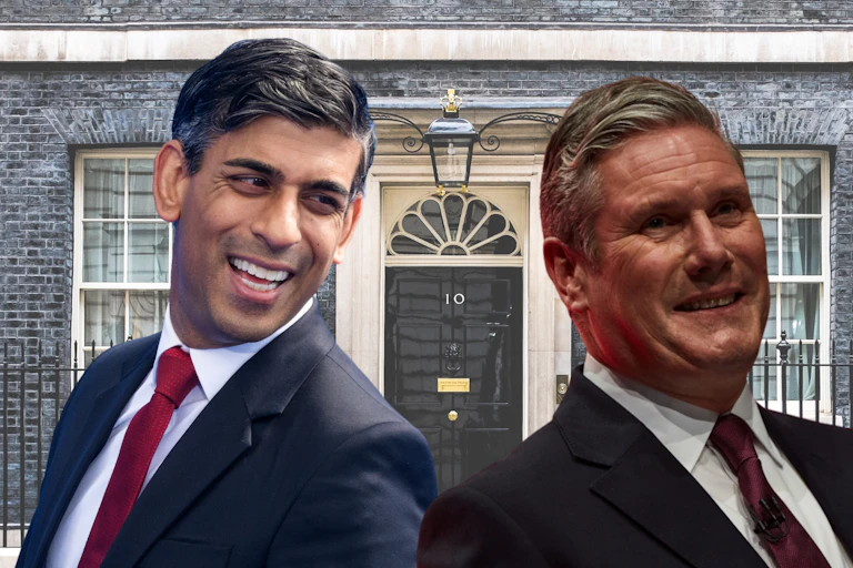 Collage of Rishi Sunak and Keir Starmer, both smiling, over a background of Number 10 Downing Street