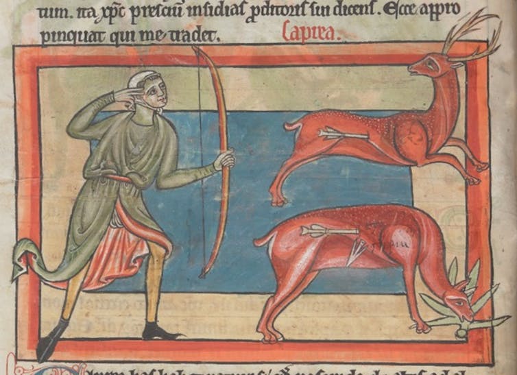 medieval image of a stag wounded by a hunter's arrow while a doe is also wounded but eats the herb dittany, causing the arrow to come out