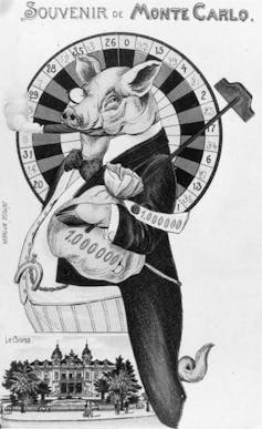 Drawing of a pig holding a sack full of money in front of a roulette wheel.