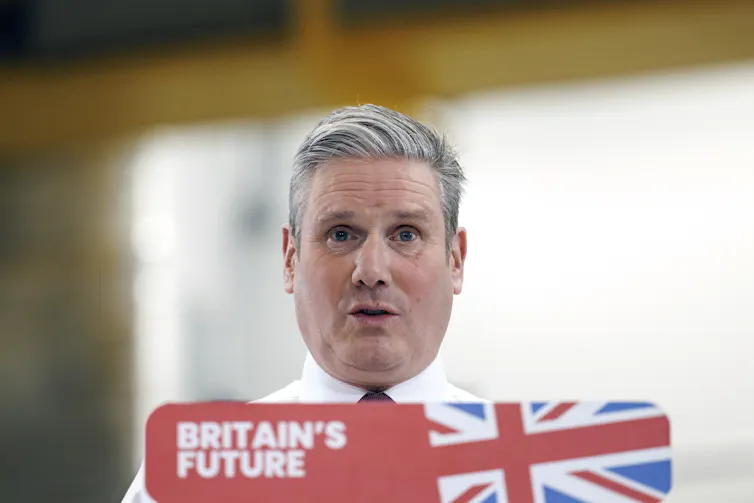 Keir Starmer giving a speech behind a logo that reads 'Britain's Future'.