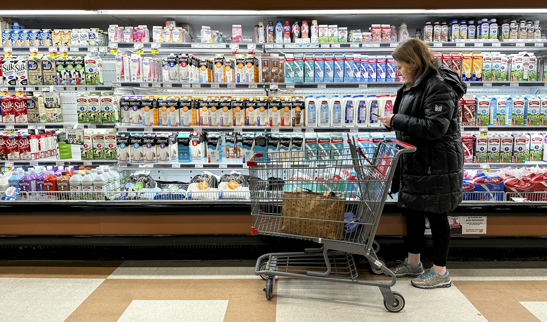 A woman uses a calculator in front of the dairy aisle in a grocery store