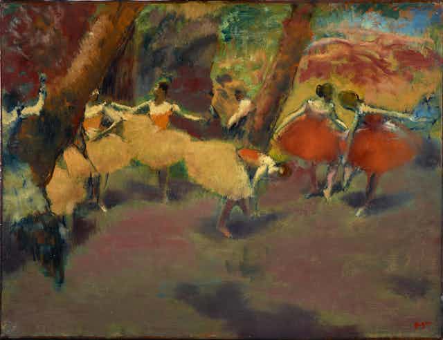 An Impressionist painting by Edgar Degas showing ballet dancers backstage.