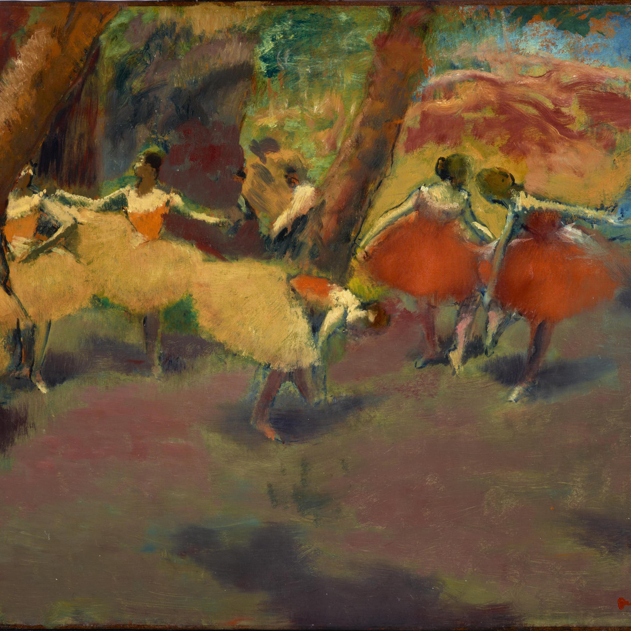 An Impressionist painting by Edgar Degas showing ballet dancers backstage.