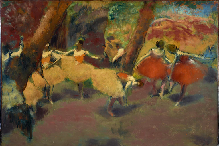 An Impressionist painting by Edgar Degas showing ballet dancers backstage.