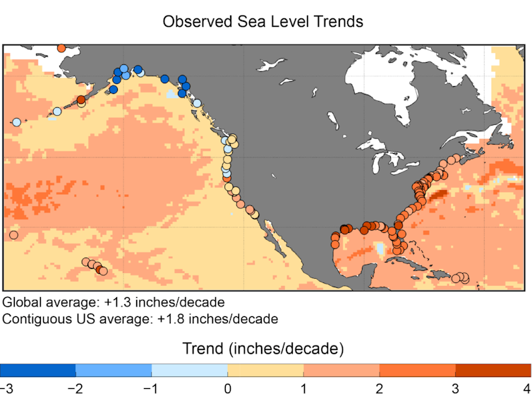 Maps show the rise in temperatures and sea levels, with the rise being fastest along the Gulf and Atlantic coasts and slower along the Pacific coast.