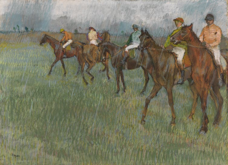 An Impressionist painting by Edgar Degas of bunch of jockeys lining up for a race in the rain.