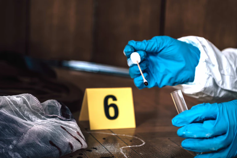 Photo of a pair of gloved hands taking a swab from a piece of fabric on a floor with a chalk outline and a numbered label.
