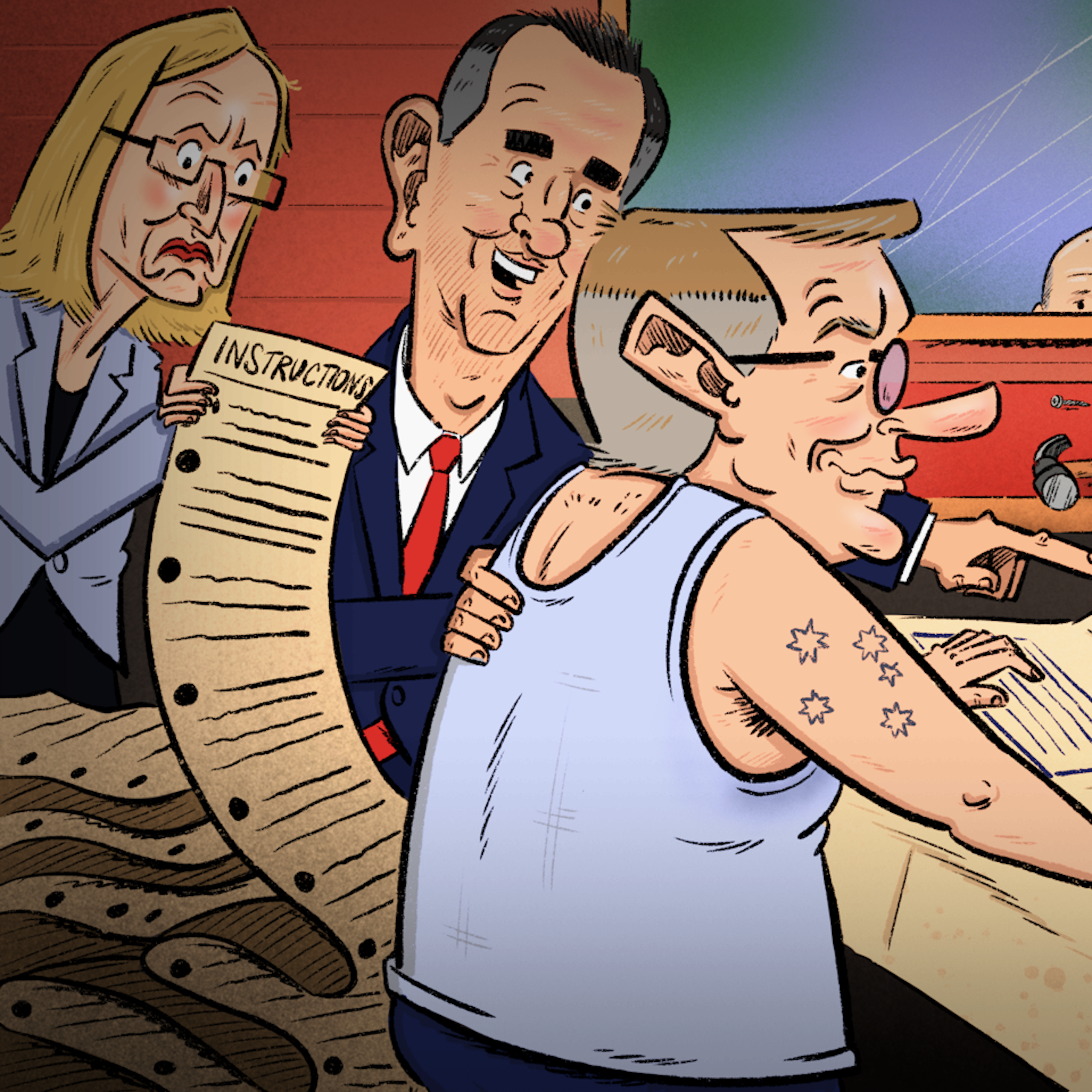 Cartoon of prime minister, treasurer and finance minister openign a box that says Future Made in Australia