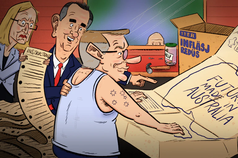 Cartoon of prime minister, treasurer and finance minister openign a box that says Future Made in Australia