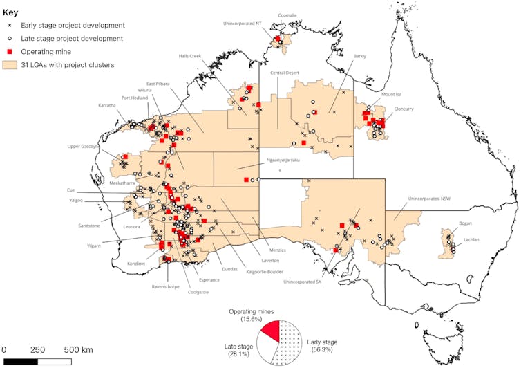 Map of Australia showing the 31 local government areas with most of Australia's critical minerals projects are also home to more Indigenous people