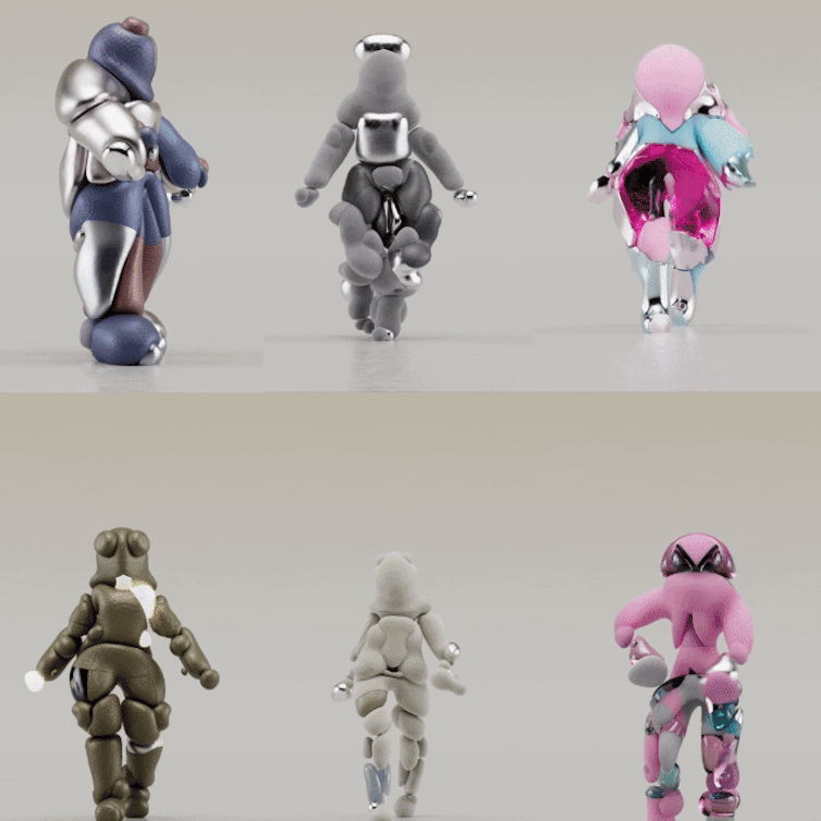 Human movement transposed onto polymorphous 3D figures