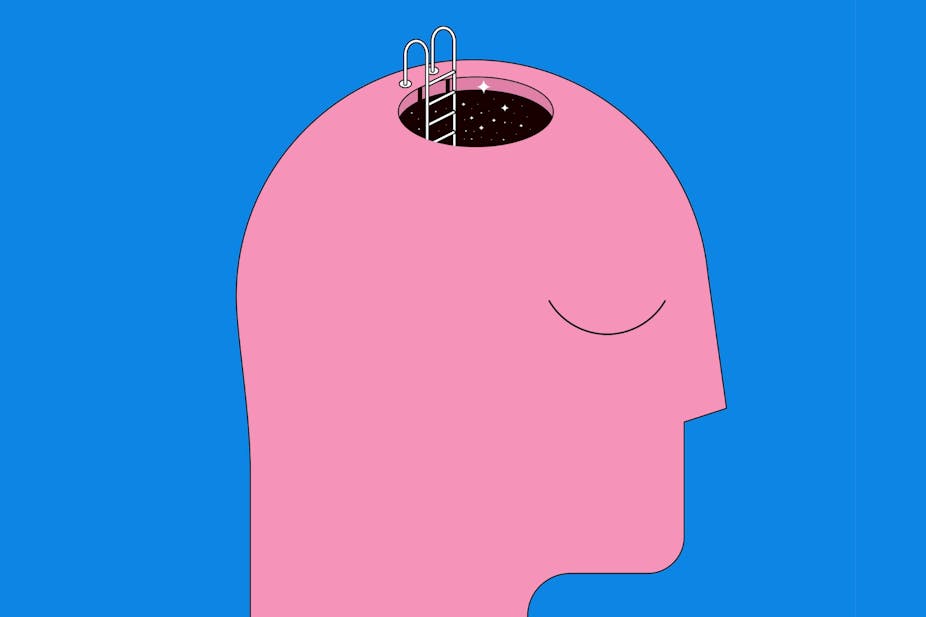 Illustration of a head with a hole in the top and a ladder leading inside. 
