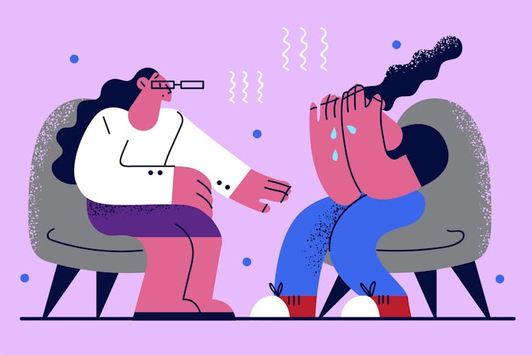 Illustration of a woman crying in a therapy office.