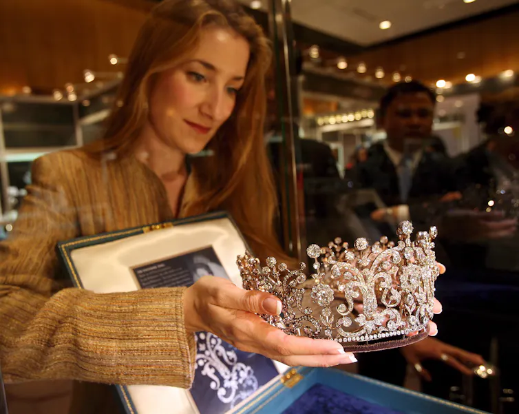 Helen Molesworth with a tiara from Princess Margaret's collection.