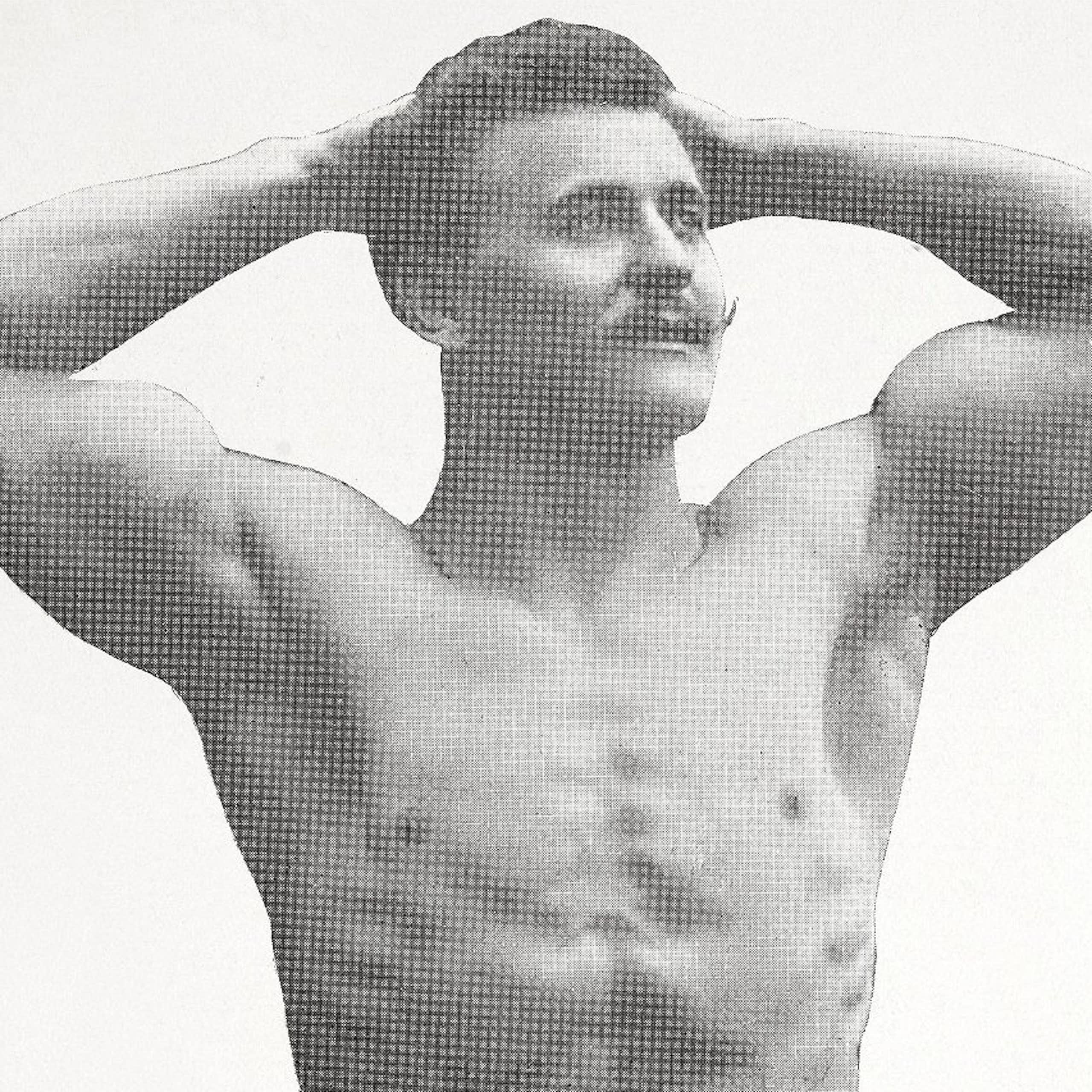A black and white image of a man with a moustache, shirtless and muscular, his hands behind his head.