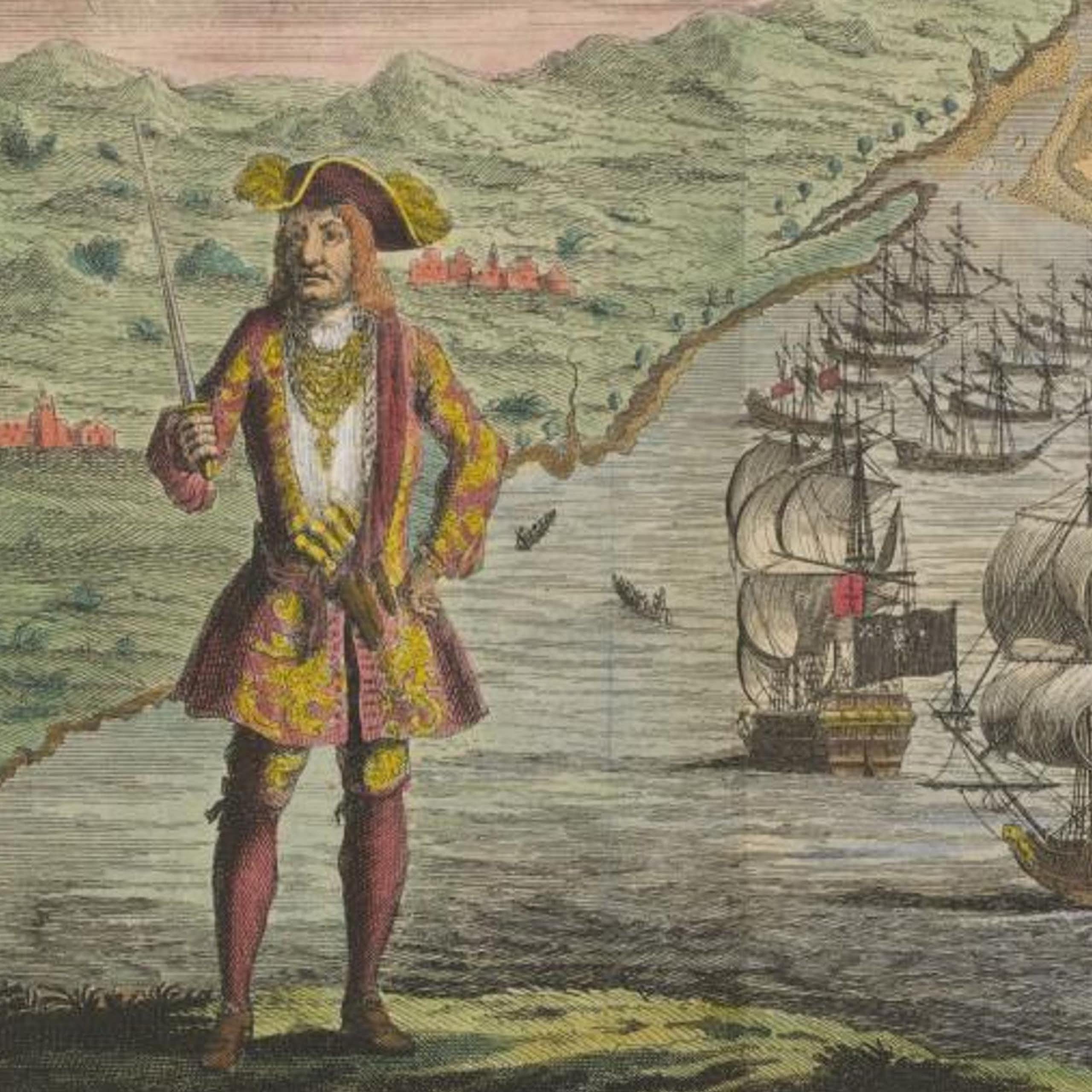 A historical coloured etching of a pirate and a fleet of ships.