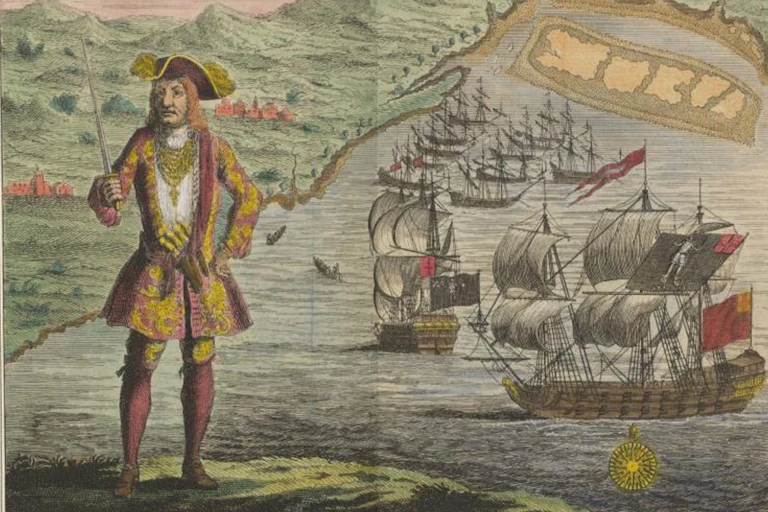 A historical coloured etching of a pirate and a fleet of ships.