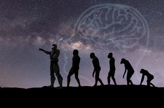 Concept image of great ape and humans with brain on starlit horizon