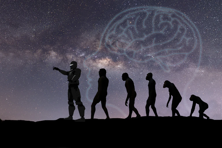 Concept image of great ape and humans with brain on starlit horizon