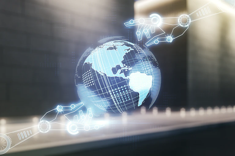Robot hands seen over a digitized globe