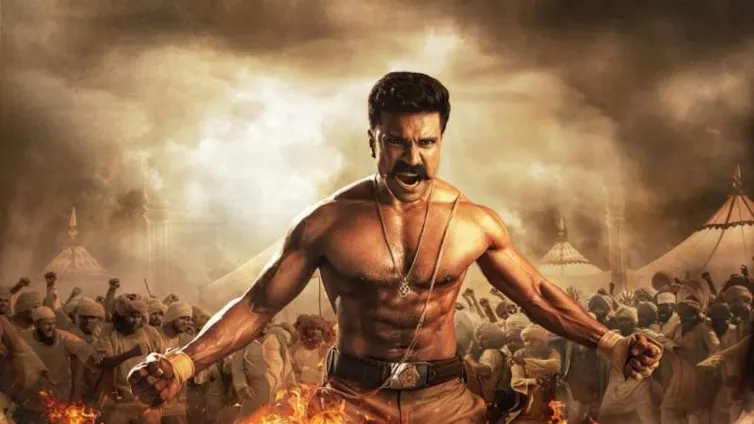 A muscular, shirtless, man holds his arms out in a position of strength